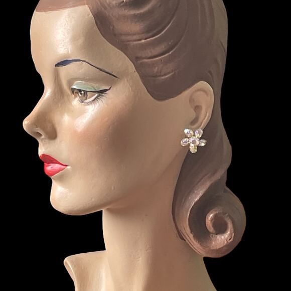 Vintage Weiss Flower Earrings Prong Set AB Crystal Clip On Aurora Borealis - Picture 2 of 13